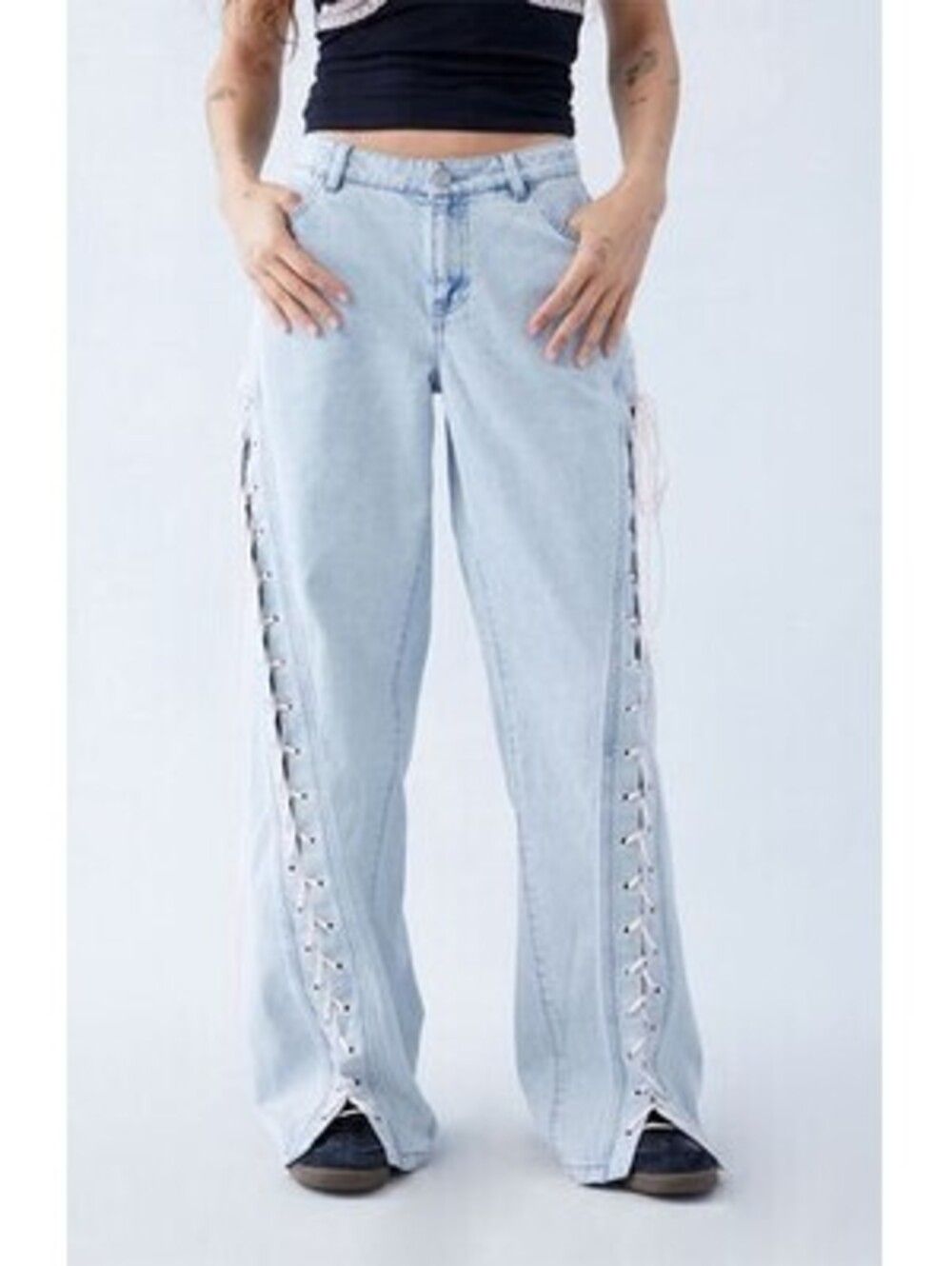 Pacsun Light Indigo Bow Ribbon Lace Up Low Rise Baggy Jeans